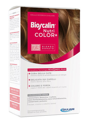 BIOSCALIN NUTRICOLOR PLUS 7,3 BIONDO DORATO CREMA COLORANTE40 ML + RIVELATORE CREMA 60 ML + SHAMPOO 12 ML + TRATTAMENTOFINALE BALSAMO 12 ML
