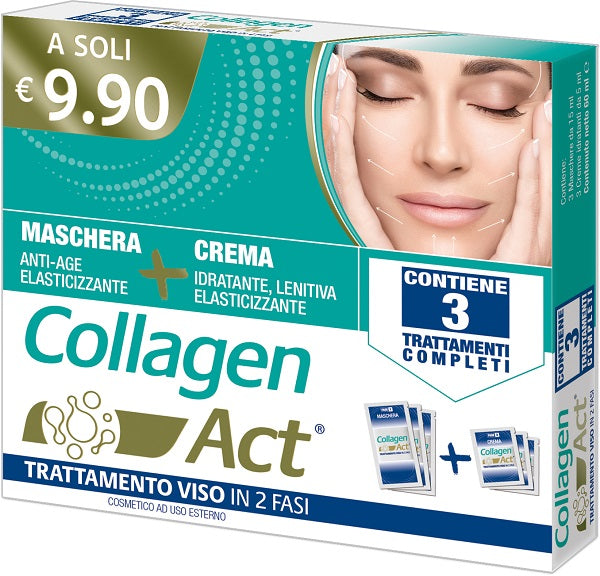 COLLAGEN ACT TRATTAMENTO VISO 2 FASI MASCHERA ANTI AGE ELASTICIZZANTE 3 PEZZI DA 15 ML + CREMA IDRATANTE LENITIVA ELASTICIZZANTE 3 PEZZI DA 5 ML